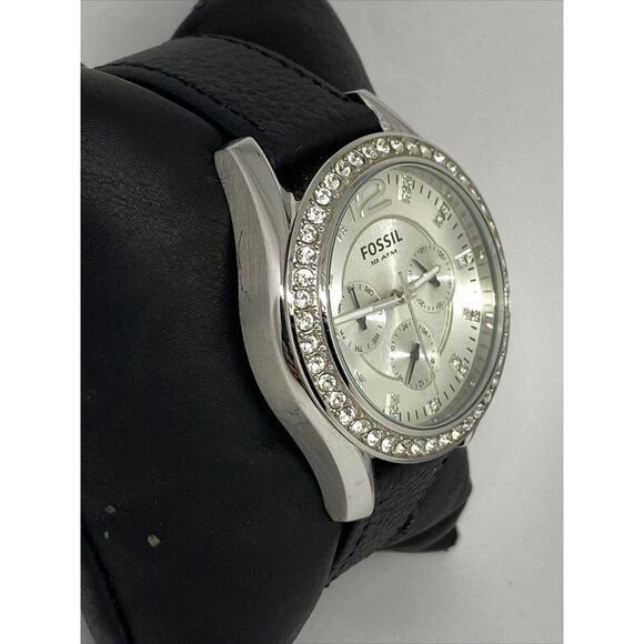 Fossil ES2203 Women's Black Leather Analog Silver Dial Quartz Wrist Watch EY731 - Picture 5 of 12